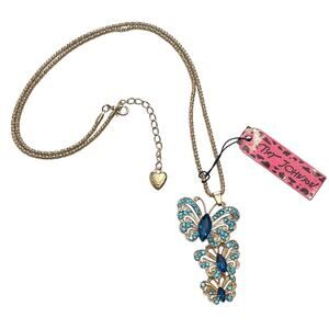 Betsey Johnson Butterfly Necklace 3 Cascading Gold Chain Popcorn Blue Rhinestone